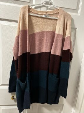 Warehouse Colorblock Open Cardigan in Cream, Pink, Brown & Blue